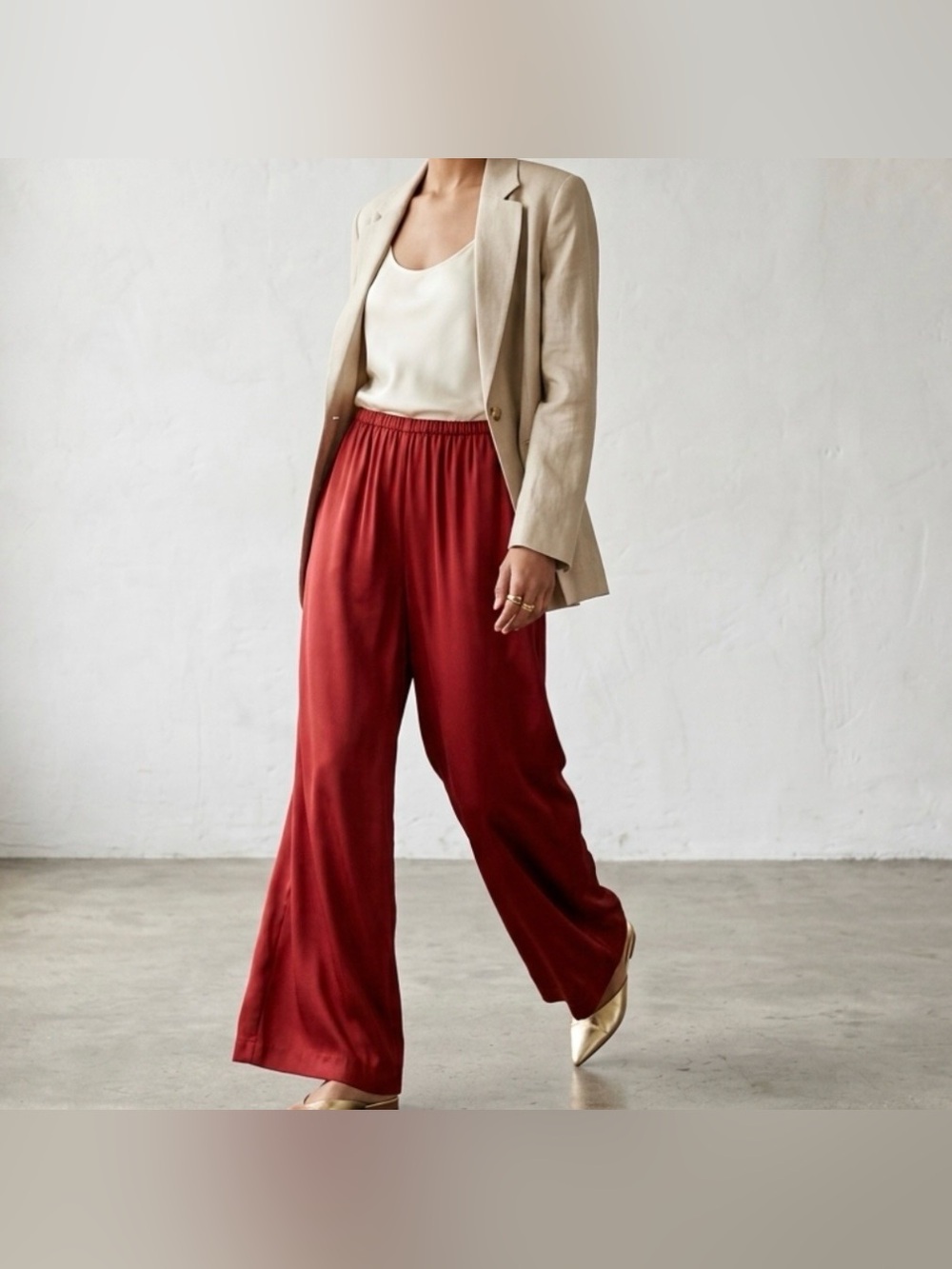 ZARA Wide Leg Fluid Pants Satin Brown Chocolate Elastic Waist Trouser Sz  L NWOT